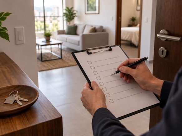 Profesional revisa el estado de un inmueble en arriendo con una lista de verificacion