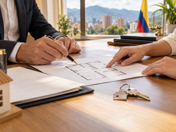 Documentos, llaves y plano de un inmueble durante una compraventa en Colombia