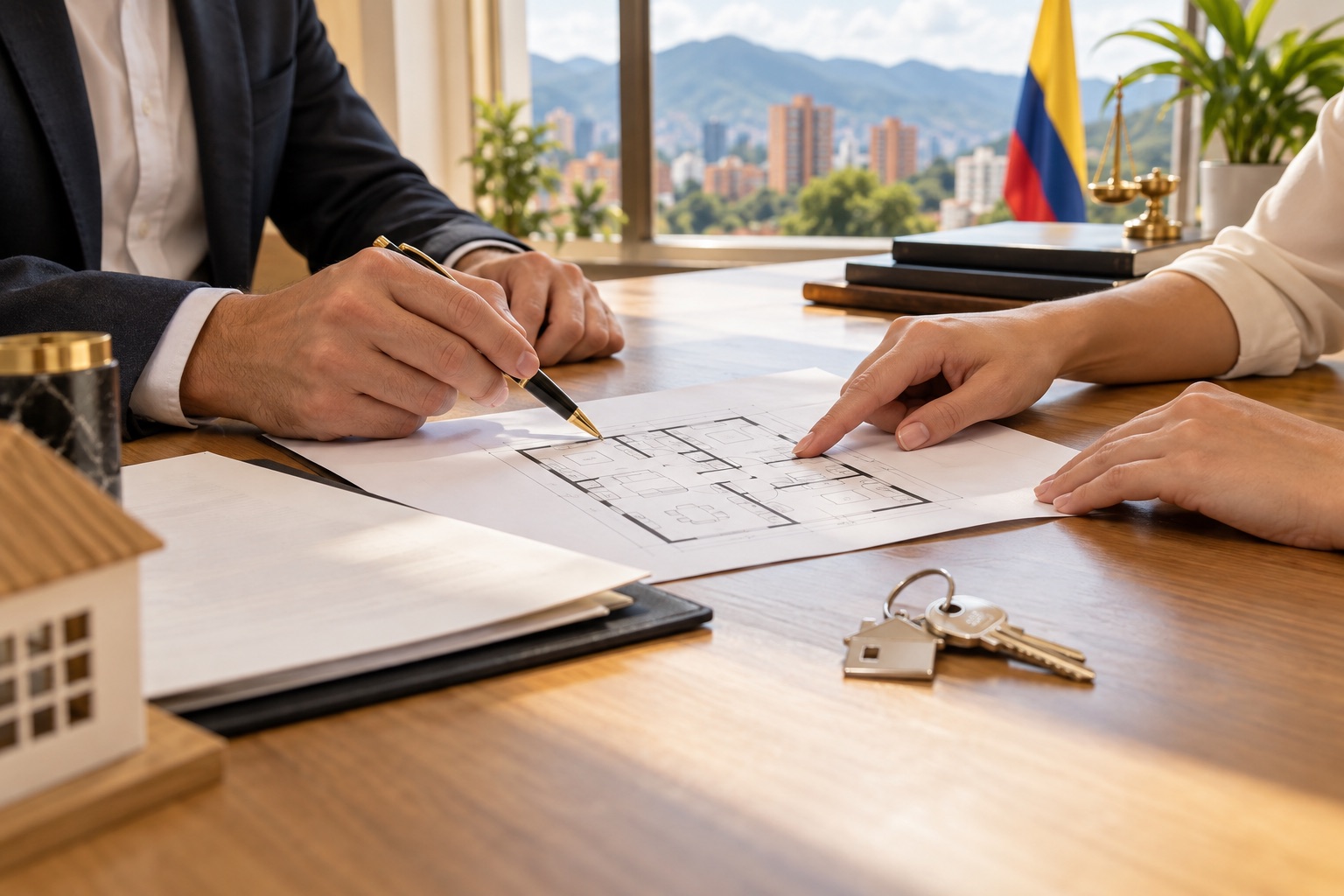Documentos, llaves y plano de un inmueble durante una compraventa en Colombia